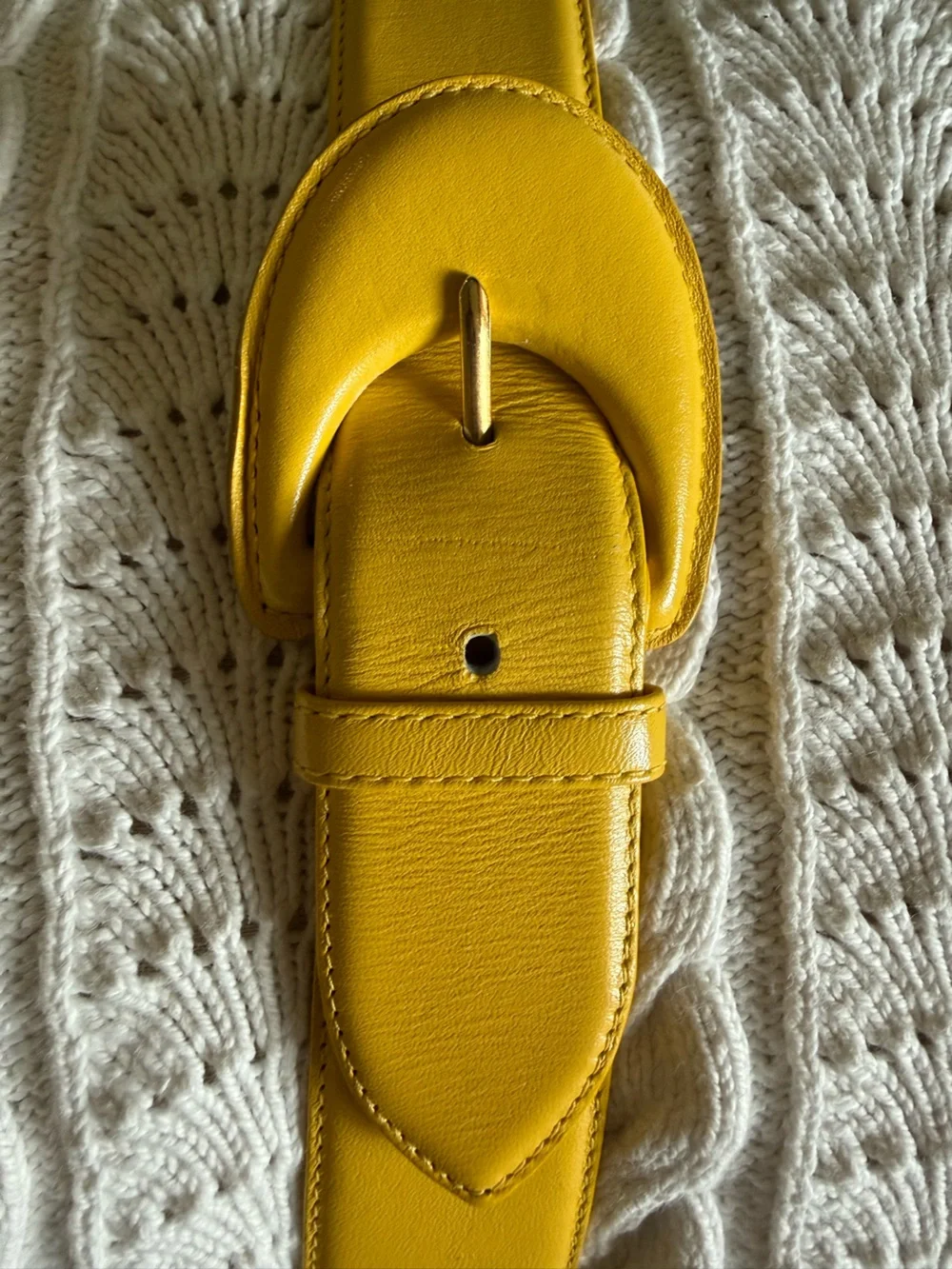 Yellow Leather Waist Belt with Curved Buckle - Women Accessories